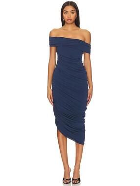 KATIE MAY ALANA RUCHED MIDI OFF SHOULDER DRESS